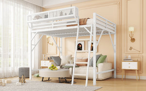 English Elm Full Size Loft Bed with Ladder and Built-In Shelves, Sturdy Metal High Loft for Kids Teens 54" White W2580P379995