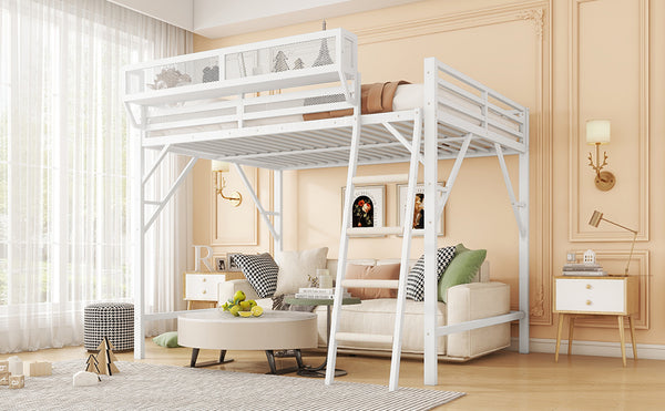 English Elm Full Size Loft Bed with Ladder and Built-In Shelves, Sturdy Metal High Loft for Kids Teens 54" White W2580P379995