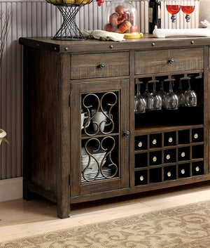 English Elm Rustic Walnut Solid Wood Dining Server with Wine Rack and Ornate Scroll Metalwork B2741P456486