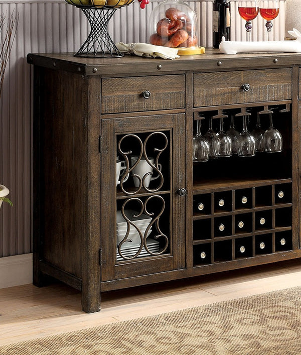 English Elm Rustic Walnut Solid Wood Dining Server with Wine Rack and Ornate Scroll Metalwork B2741P456486