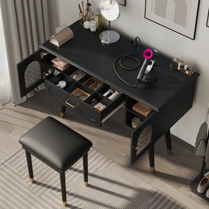 English Elm Elegant Vanity Makeup Table with Charging Station & Carved Glass Door, Sturdy Stool Included Black N844P285188B