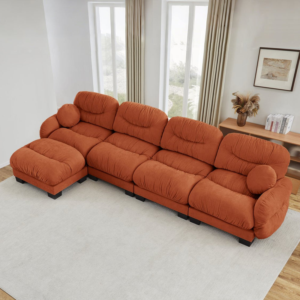 English Elm Pleated Chenille Sectional Sofa with Ottoman Ergonomic Foam Curved Armrests Living Room Orange W5656S00071