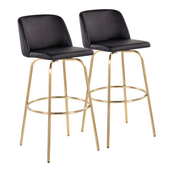 English Elm Toriano 30" Modern Barstools Set Of 2 - Stylish Swivel Black Faux Leather & Gold Metal Design B202S00686-GIGA