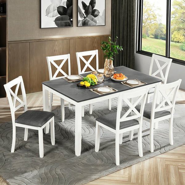 English Elm 6 Piece Rubberwood Dining Set with Bench and Linen Chairs for Transitional Kitchen W1998S00096