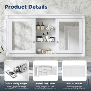 English Elm 55 Inch Wall Mount Medicine Cabinet Dual Mirrored Doors Soft Close Bathroom Vanity Storage White N710P401342K