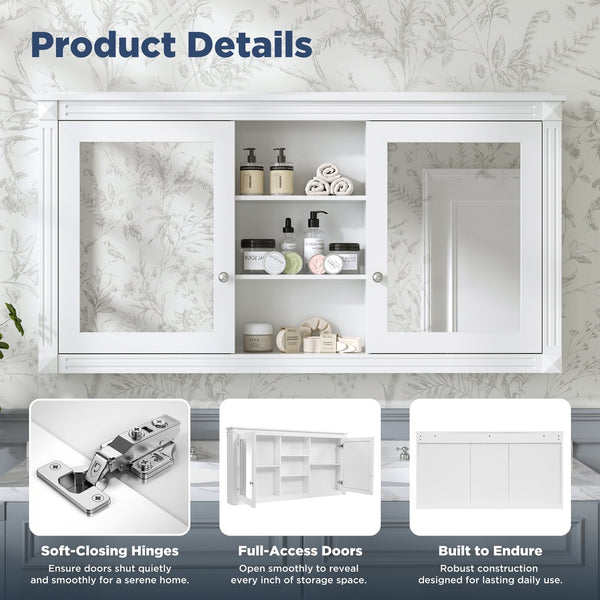 English Elm 55 Inch Wall Mount Medicine Cabinet Dual Mirrored Doors Soft Close Bathroom Vanity Storage White N710P401342K