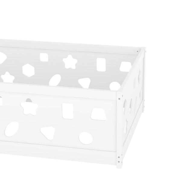 English Elm Twin Floor Bed with Safety Guardrails & Door in White — Solid Poplar Frame, Low Profile, Kids' Cozy Hideaway W1820P240540