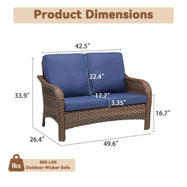 English Elm 49.6" Pe Wicker Patio Loveseat All-weather Steel Frame Deep Seat Outdoor Sofa Blue T3773P417379