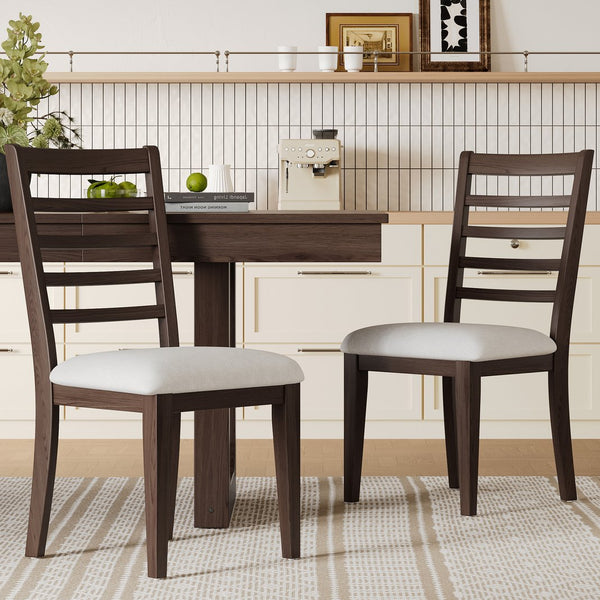 English Elm Farmhouse Ladder Back Dining Chairs Rubberwood Frame Upholstered Seat Set of 2 Brown+Beige N752P272064D