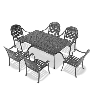 English Elm 7-piece Cast Aluminum Outdoor Dining Set Ornate Carved Patio Furniture Blue Cushions W1710S00583
