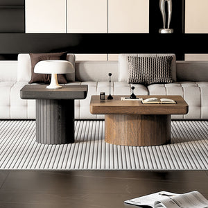 English Elm Modern Parquet Wood Nesting Coffee Tables Sculptural Fluted Pedestal Living Room Set Black + Dark Walnut W1435S00032