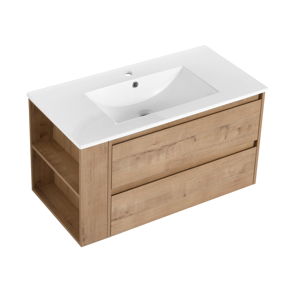 English Elm 36" Wall Mounting Bathroom Vanity With Ceramic Sink, Side Adjustable Shelf, Soft-Close Drawers, Water-Resistant Plywood Finish W999S00142
