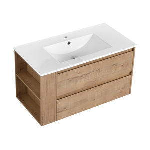 English Elm 36" Wall Mounting Bathroom Vanity With Ceramic Sink, Side Adjustable Shelf, Soft-Close Drawers, Water-Resistant Plywood Finish W999S00142