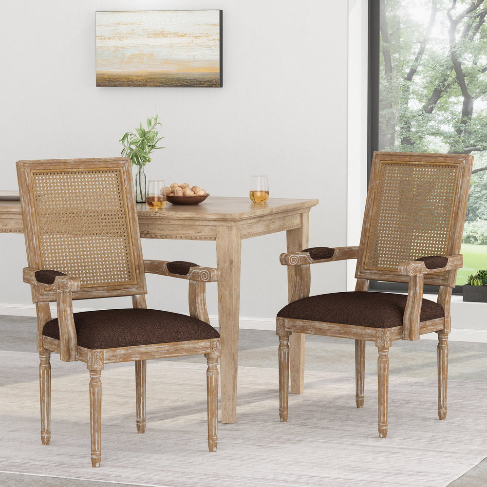 English Elm Dining Chairs Set of 2 Cane Back Rubberwood Armchair French Country Upholstered Seat N769P433301Z