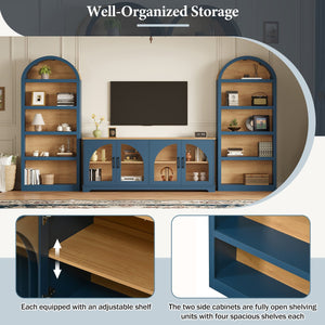 English Elm 3-piece Farmhouse Entertainment Center with Arched Glass Doors and Open Tower Shelving Blue N721S000070C