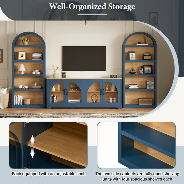 English Elm 3-piece Farmhouse Entertainment Center with Arched Glass Doors and Open Tower Shelving Blue N721S000070C