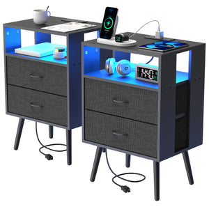 English Elm 2 Pack Modern Nightstand With Charging Station & Led Light - Stylish Bedside Tables With Fabric Drawers W1550P272496