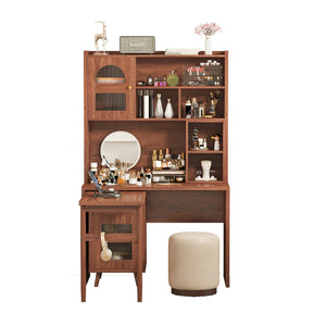 English Elm Computer Desk with Rotating Extension Panel Walnut Finish Glass Cabinets Home Office N733S363716D