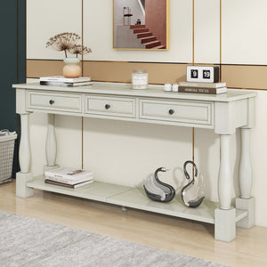 English Elm Trexm Distressed Entryway Console Table Three Drawers Open Shelf Mediterranean Wood Antique White N715P372052K