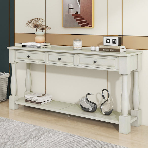 English Elm Trexm Distressed Entryway Console Table Three Drawers Open Shelf Mediterranean Wood Antique White N715P372052K