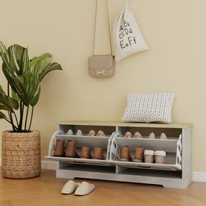 English Elm Shoe Storage Bench With Elegant Antique White Finish, 2 Flip Drawers & Adjustable Shelf For Versatility W1120P290636-GIGA