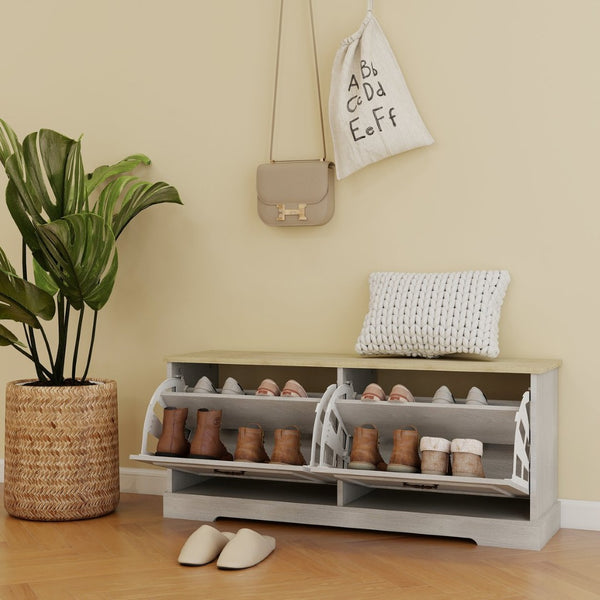 English Elm Shoe Storage Bench With Elegant Antique White Finish, 2 Flip Drawers & Adjustable Shelf For Versatility W1120P290636-GIGA