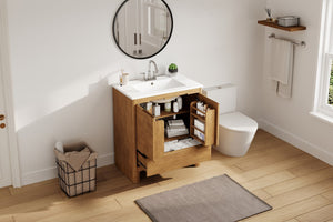 English Elm [video] 30 Inch Freestanding Bathroom Vanity Pine Legs Ceramic Sink Soft Close Storage Natural N759P412928N
