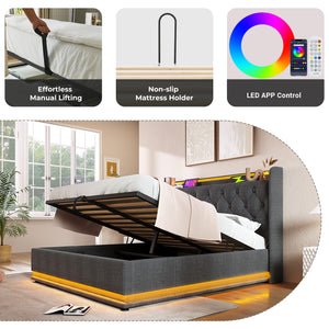 English Elm Queen Upholstered Bed with Surround LED, App/Remote Control, Hydraulic Storage, USB Type-C Charging Gray N736P188807G