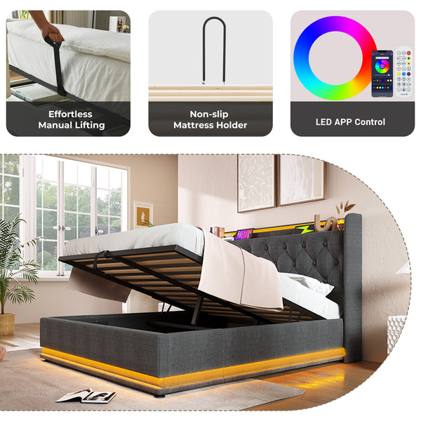 English Elm Queen Upholstered Bed with Surround LED, App/Remote Control, Hydraulic Storage, USB Type-C Charging Gray N736P188807G