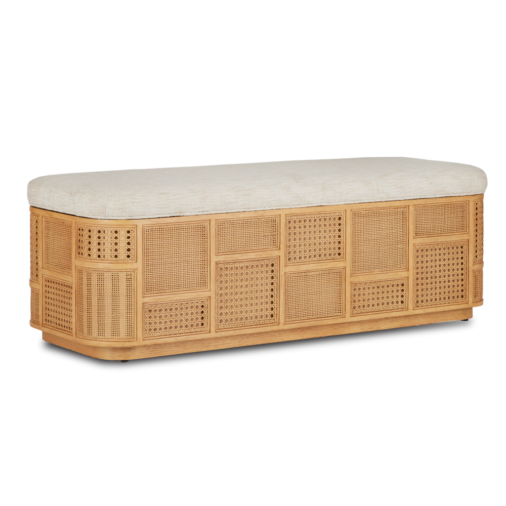 Anisa Sea Sand Storage Bench - Stylish Natural Oak with Rattan Cane Panels for Chic Spaces