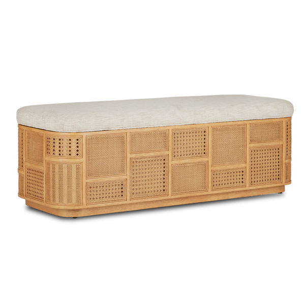 Anisa Sea Sand Storage Bench - Stylish Natural Oak with Rattan Cane Panels for Chic Spaces