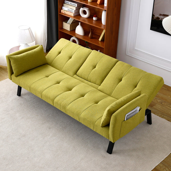 English Elm 70-inch Foldable Cotton Linen Sofa Bed with Cup Holder & Side Storage, Space-Saving 2-Seater Design Green W3371P337200