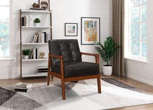 English Elm Accent Mid-Century Modern Button-Tufted Faux Leather Chair with Contoured Arms and Solid Wood Frame Dark Brown 32 L x 26 W x 20 H B011P283264