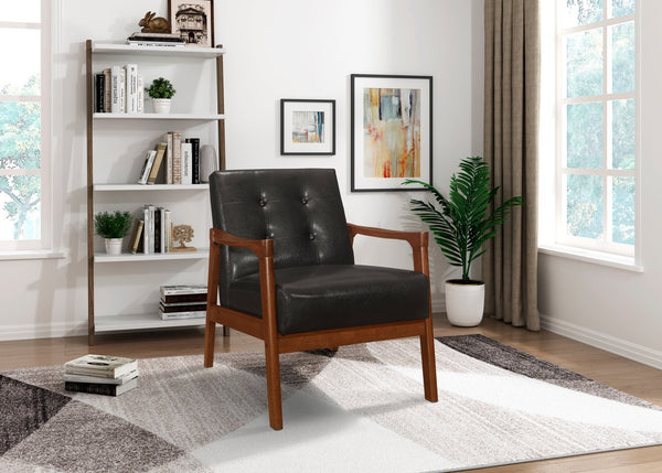 English Elm Accent Mid-Century Modern Button-Tufted Faux Leather Chair with Contoured Arms and Solid Wood Frame Dark Brown 32 L x 26 W x 20 H B011P283264