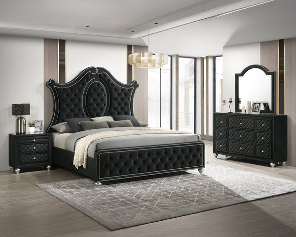 English Elm 1Pc Queen Panel Bed - Luxurious Black Upholstery, Diamond Tufted Headboard & Elegant Nailhead Trim B2741S00234
