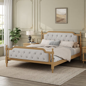 English Elm Traditional Solid Wood Bed Frame with Tufted Upholstered Headboard, No Box Spring Needed, Sturdy Support Walnut 83.1 L x 15.5 W x 5.1 H BS701P242647N