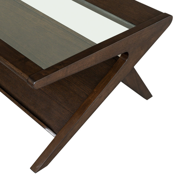 JLA Home INK+IVY - wood Rocket mid-century coffee table with tempered glass top, angled base & lower shelf storage — warm finish, sleek style II120-0608