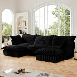 English Elm Slipcovered U-Shape Sectional Sofa - Modular Deep Seat Couch With Soft Corduroy & Elegant Design, Black W3041S00098-GIGA