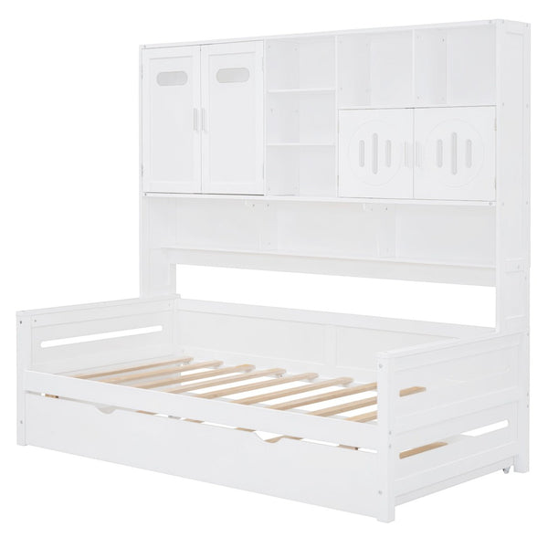 English Elm Twin Size Daybed With Trundle & Integrated Storage Shelf - Modern White Design For Kids & Teens N820S00026K-GIGA