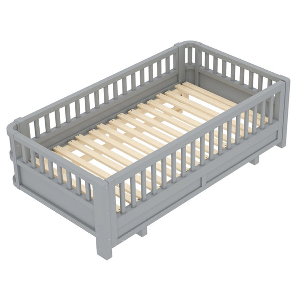 English Elm Twin Size Platform Bed With Guardrails - Stylish, Solid Wood Frame Converts To Double Twin, Grey W1580S00240-GIGA