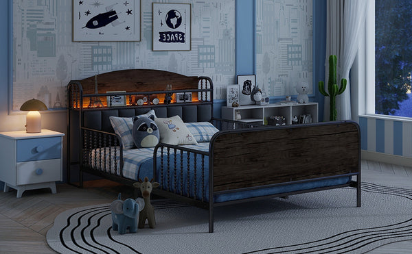 English Elm Full Solid Wood Kids Platform Bed with Guardrail, Low-Profile Durable Pine & MDF, 350LB Capacity Black 58.27 L x 16.93 W x 9.65 H W2593P337445