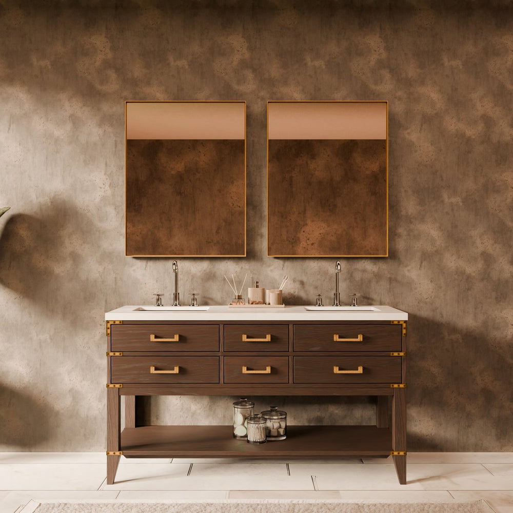 English Elm Brown Oak Double Bath Vanity With Cultured Marble Top, Soft-Close Drawers & Elegant 28" Mirrors B2731S01633