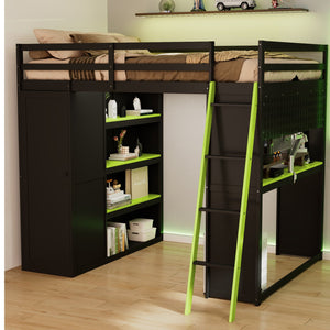English Elm Full Size Wood Loft Bed with Wardrobe Desk Shelves Rgb Lighting and Blackout Curtains Black+Green LT000269AAF-1