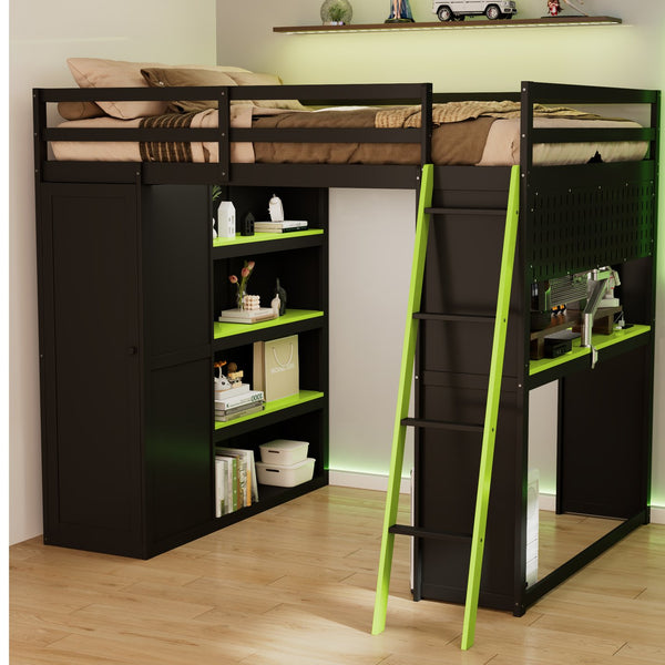 English Elm Full Size Wood Loft Bed with Wardrobe Desk Shelves Rgb Lighting and Blackout Curtains Black+Green LT000269AAF-1