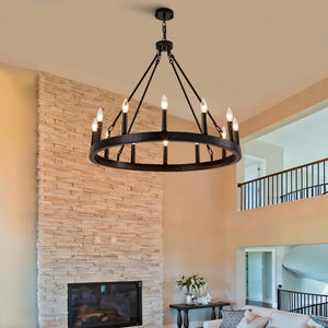 English Elm 12-light Wagon Wheel Chandelier Black Iron Rustic Farmhouse Fixture for Dining Rooms W2991P406726