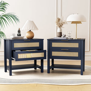English Elm Rattan Front Boho Coastal Nightstand with Gold Pulls Open Shelf and Woven Drawer Accents Navy Blue T3210P471551