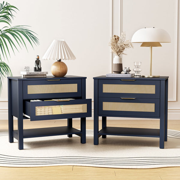 English Elm Rattan Front Boho Coastal Nightstand with Gold Pulls Open Shelf and Woven Drawer Accents Navy Blue T3210P471551
