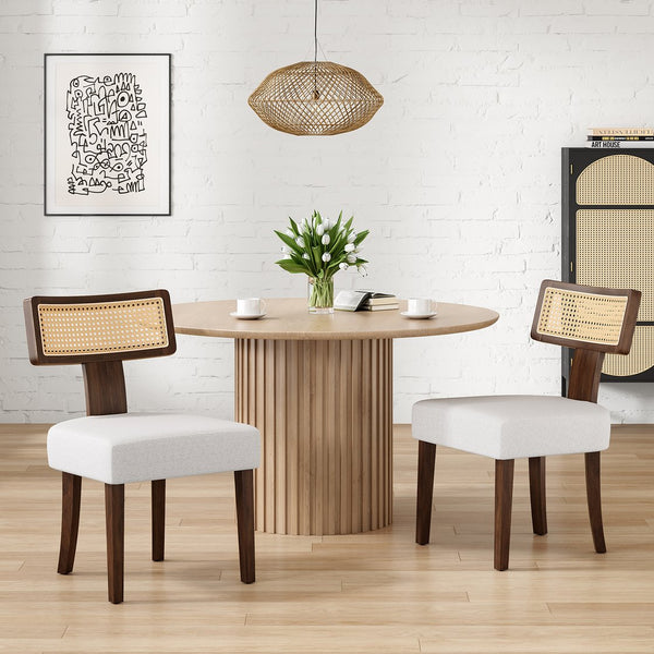 English Elm Upholstered Armless Dining Chairs with Rattan Back Hardwood Frame French Country Set of 2 Beige,Walnut T3623P411732