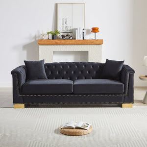 English Elm {video] Tufted Black Velvet Chesterfield Sofa with Gold Studs Three Seat Living Room Black+Blue W1926S00097