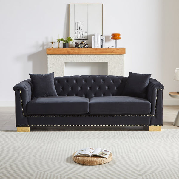 English Elm {video] Tufted Black Velvet Chesterfield Sofa with Gold Studs Three Seat Living Room Black+Blue W1926S00097
